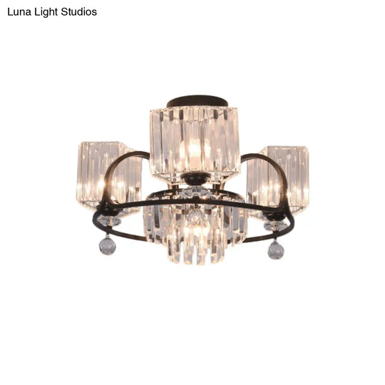 Modern Crystal Trapezoid Light Fixture- 4/8 Bulb Dining Room Semi Flush With Sleek Black Frame