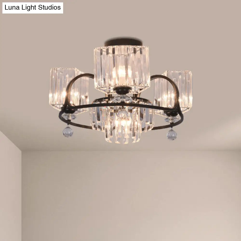 Modern Crystal Trapezoid Light Fixture- 4/8 Bulb Dining Room Semi Flush With Sleek Black Frame 4 /