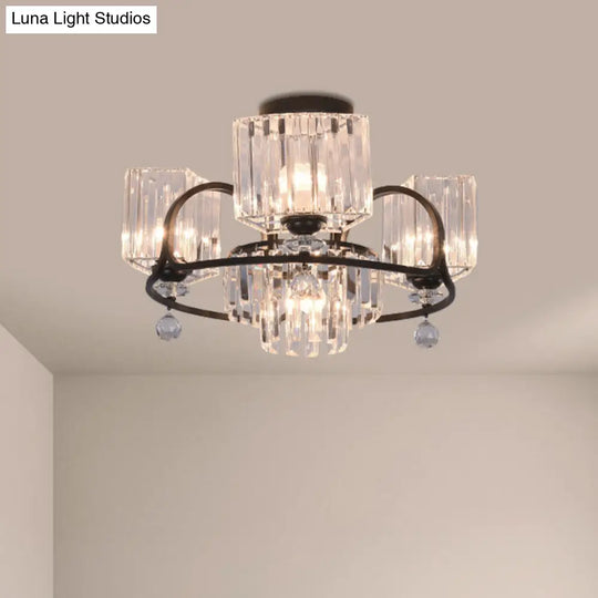 Modern Crystal Trapezoid Light Fixture- 4/8 Bulb Dining Room Semi Flush With Sleek Black Frame 4 /
