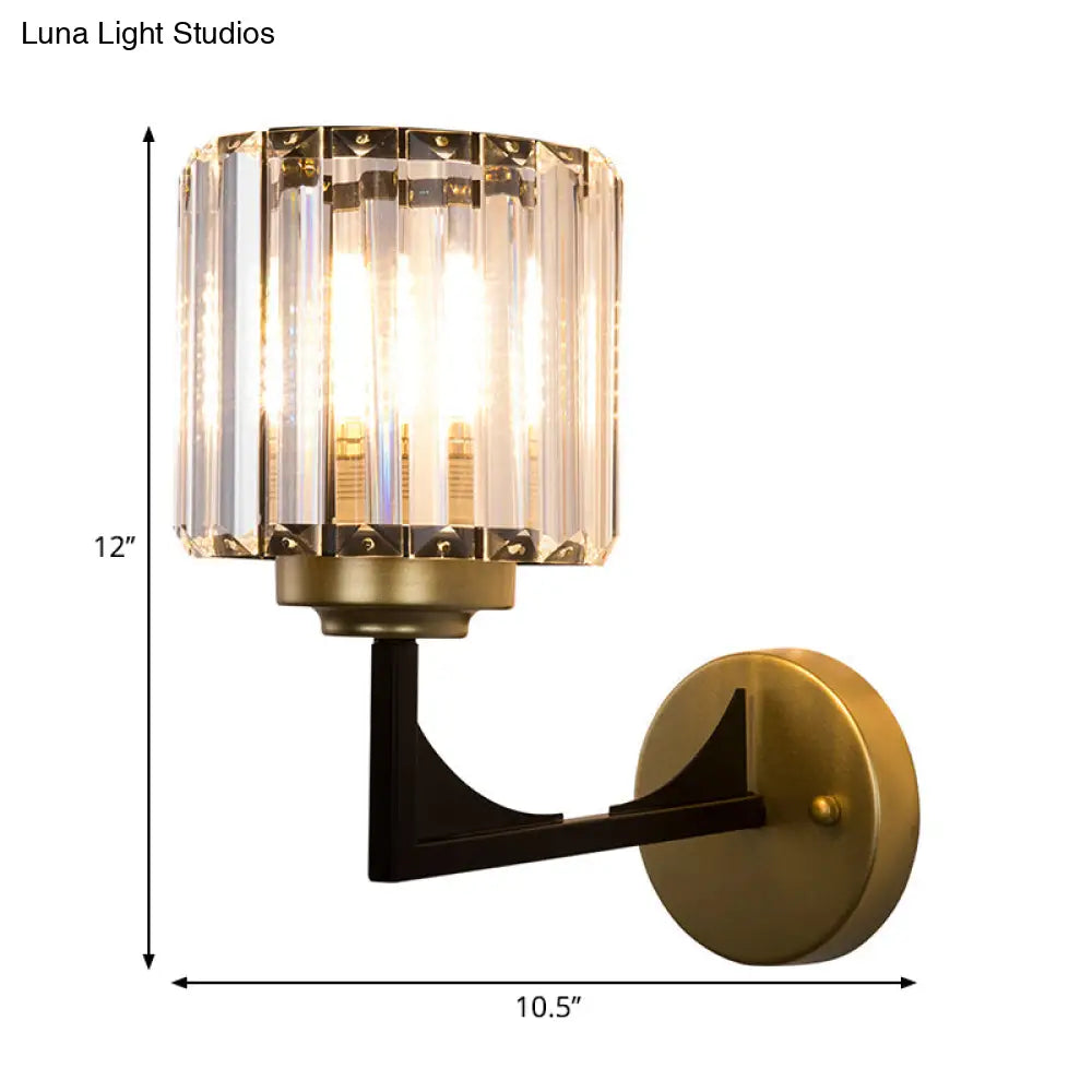 Modern Crystal Wall Lamp In Brass With Angle-Armed Lighting & Clear Cylindrical Shade