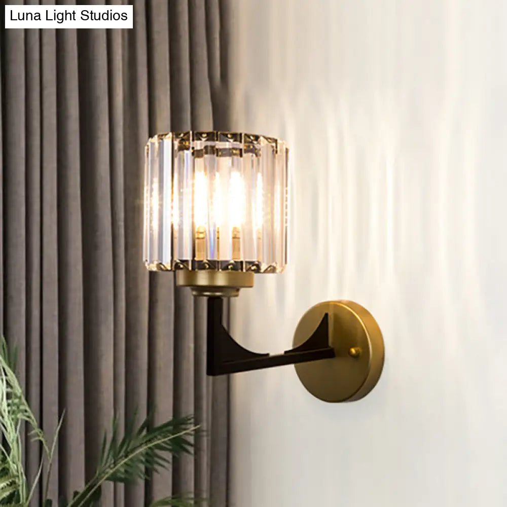 Modern Crystal Wall Lamp In Brass With Angle-Armed Lighting & Clear Cylindrical Shade