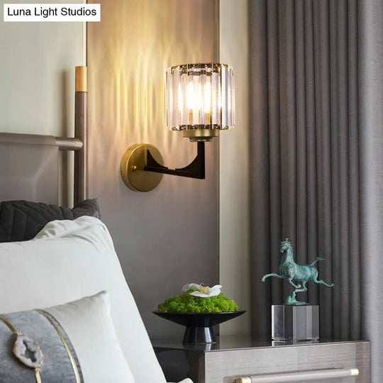 Modern Crystal Wall Lamp In Brass With Angle-Armed Lighting & Clear Cylindrical Shade