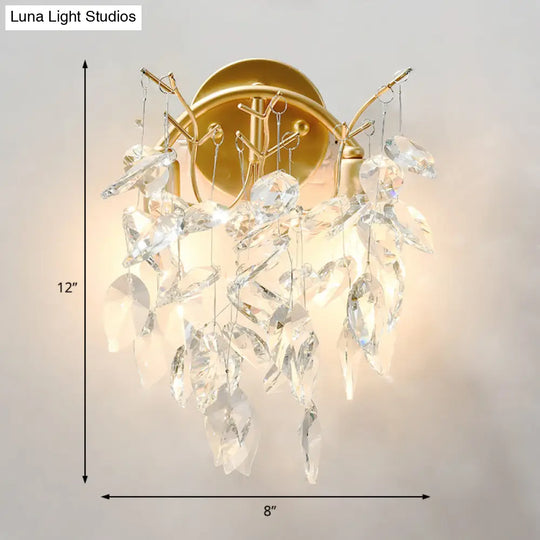 Modern Crystal Wall Mount Sconce Light Fixture With Leaf Faceted Design - 4 Lights Brass Finish