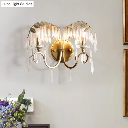 Modern Crystal Wall Sconce Light With Bent Arm - 2 Lights Brass Finish Perfect For Bedroom