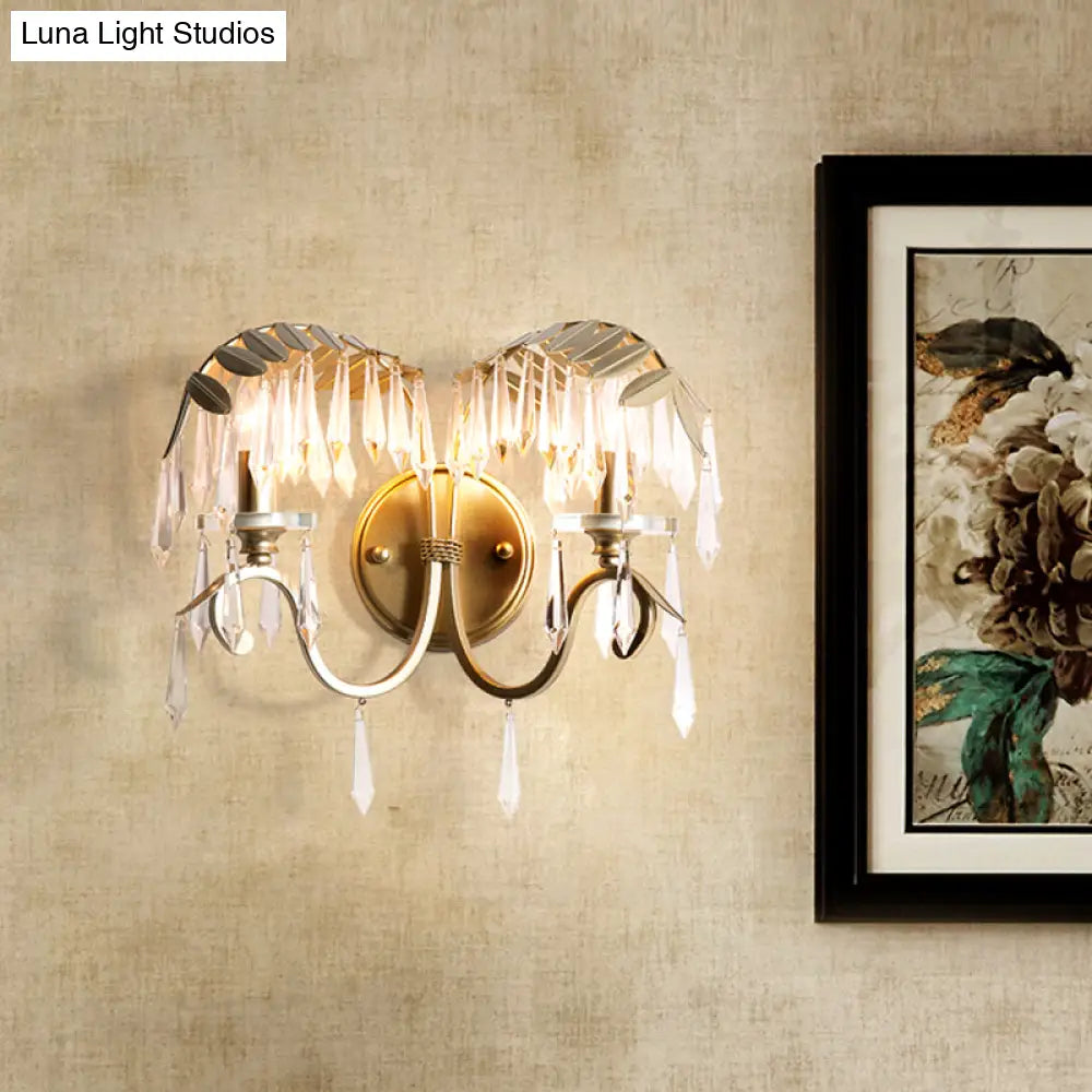 Modern Crystal Wall Sconce Light With Bent Arm - 2 Lights Brass Finish Perfect For Bedroom