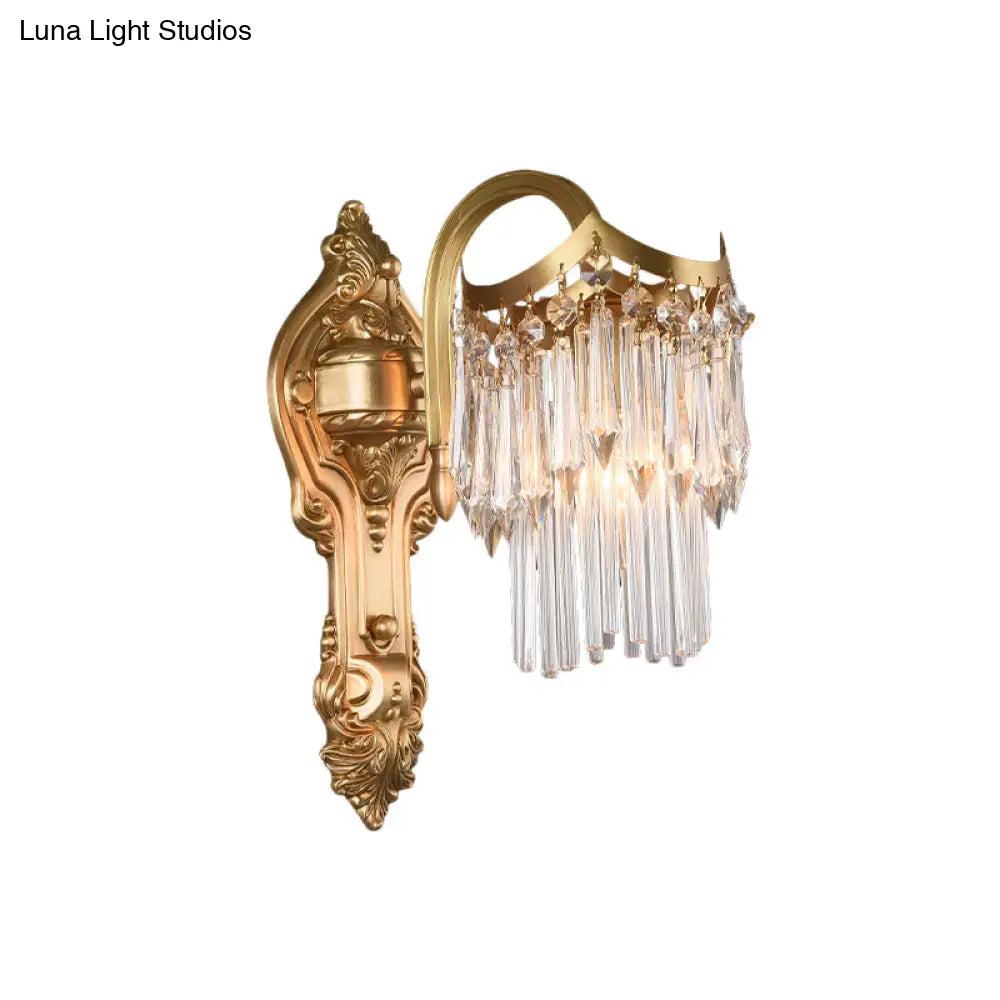 Modern Crystal Wall Sconce With Brass Finish And Carved Backplate - 2 Tiers Single Light Ideal For