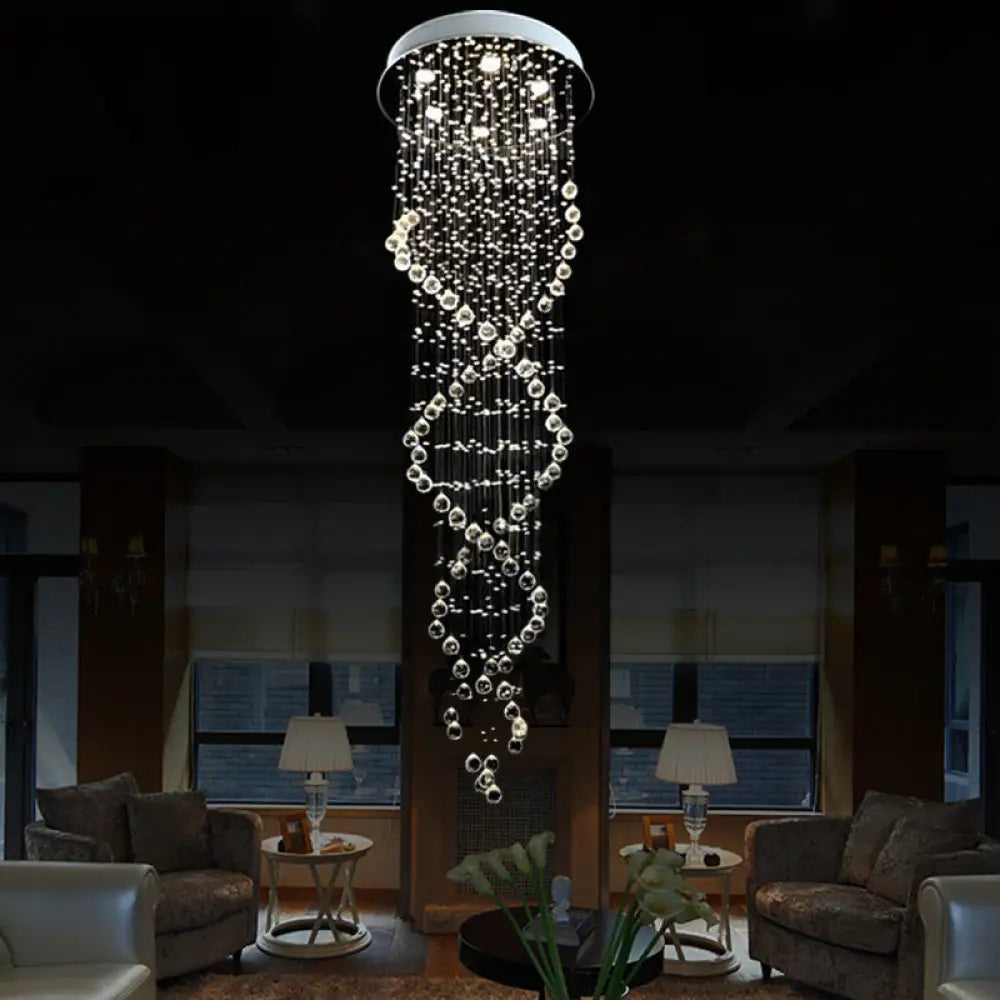 Modern Crystal White Led Pendant Light With Spiral Waterfall Design - 6 Heads