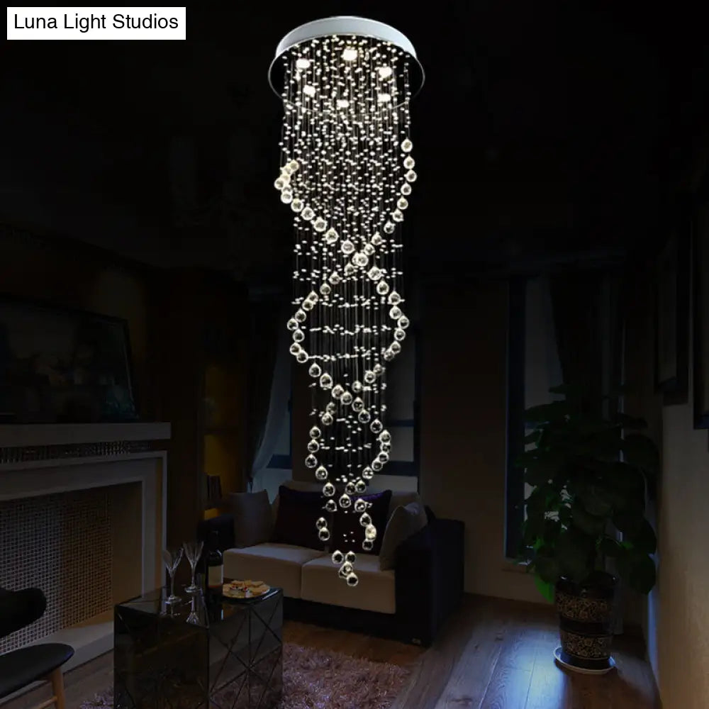 Modern Crystal White Led Pendant Light With Spiral Waterfall Design - 6 Heads