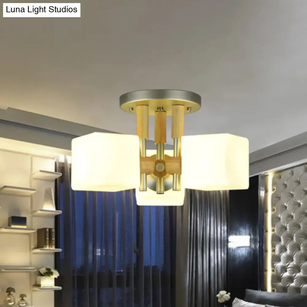 Modern Cube 3-Light Glass & Wood Ceiling Lamp