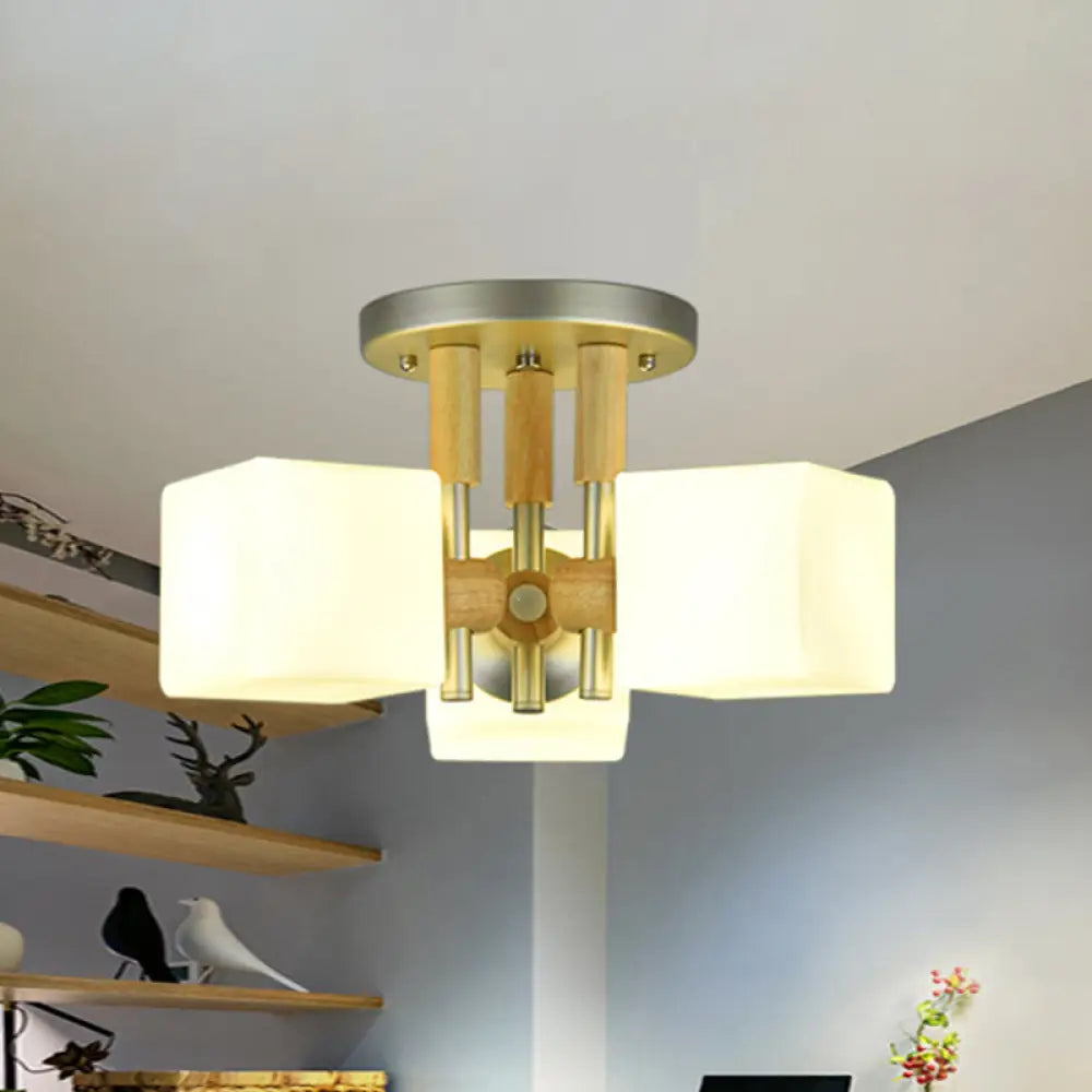 Modern Cube 3-Light Glass & Wood Ceiling Lamp White