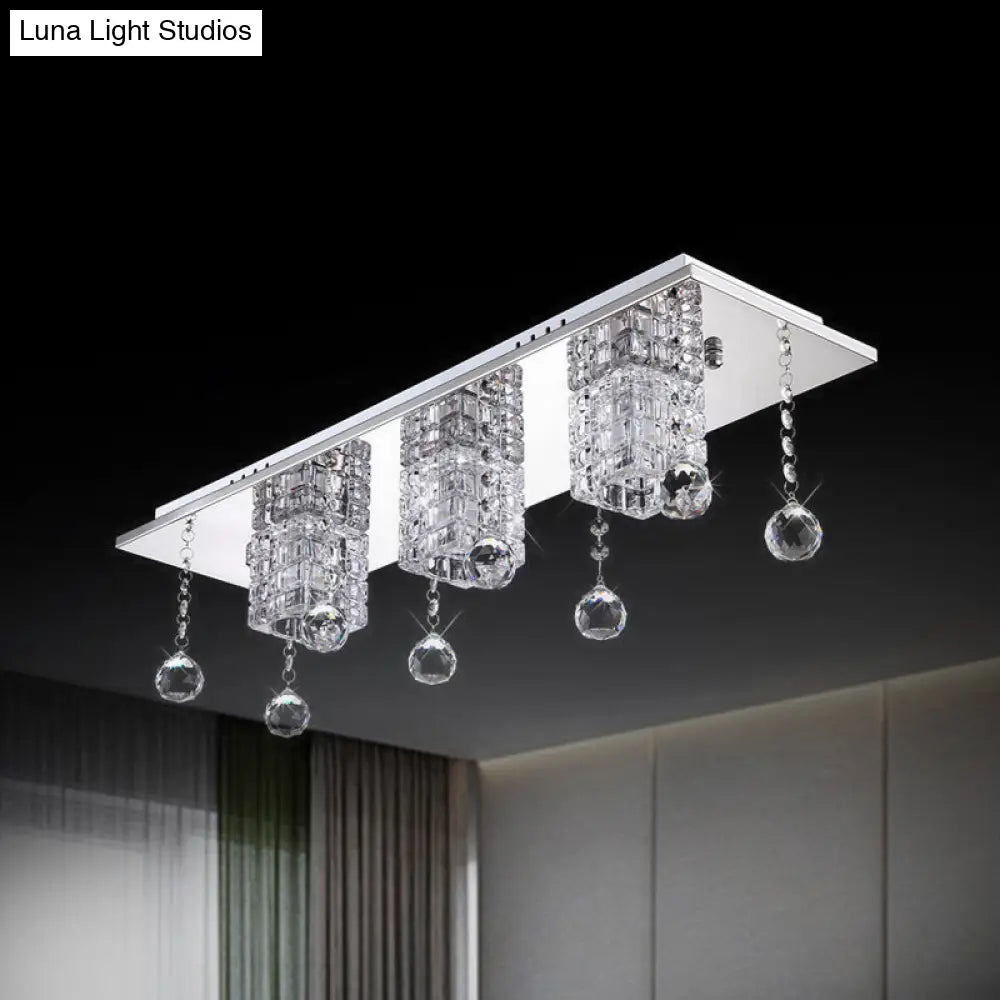 Modern Cube Nickel Flushmount Ceiling Lamp With Clear Crystal Shade & White/Warm Light Orbs