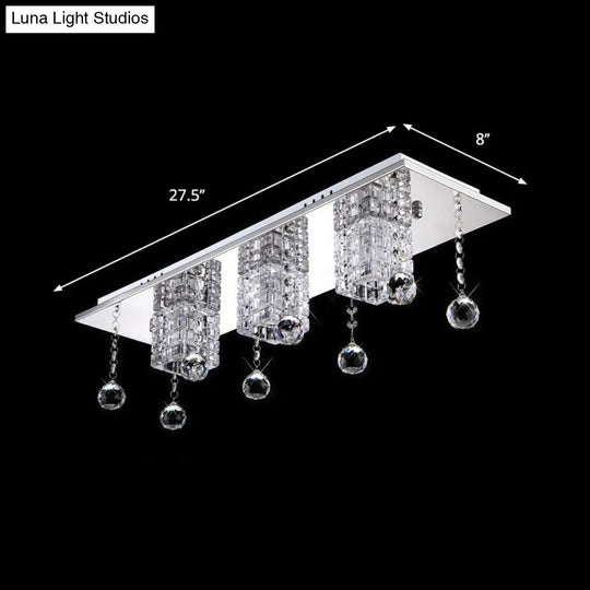 Modern Cube Nickel Flushmount Ceiling Lamp With Clear Crystal Shade & White/Warm Light Orbs