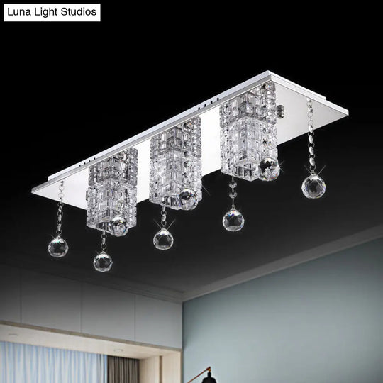 Modern Cube Nickel Flushmount Ceiling Lamp With Clear Crystal Shade & White/Warm Light Orbs / White