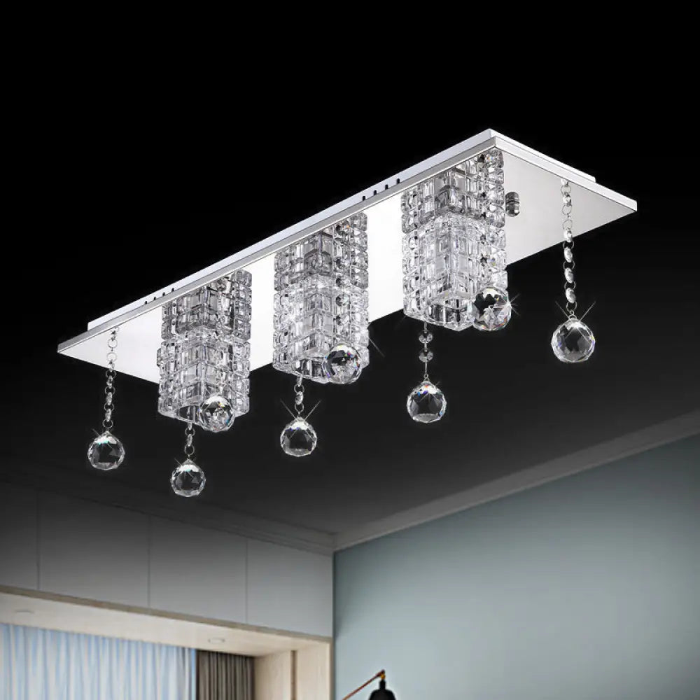 Modern Cube Nickel Flushmount Ceiling Lamp With Clear Crystal Shade & White/Warm Light Orbs / White