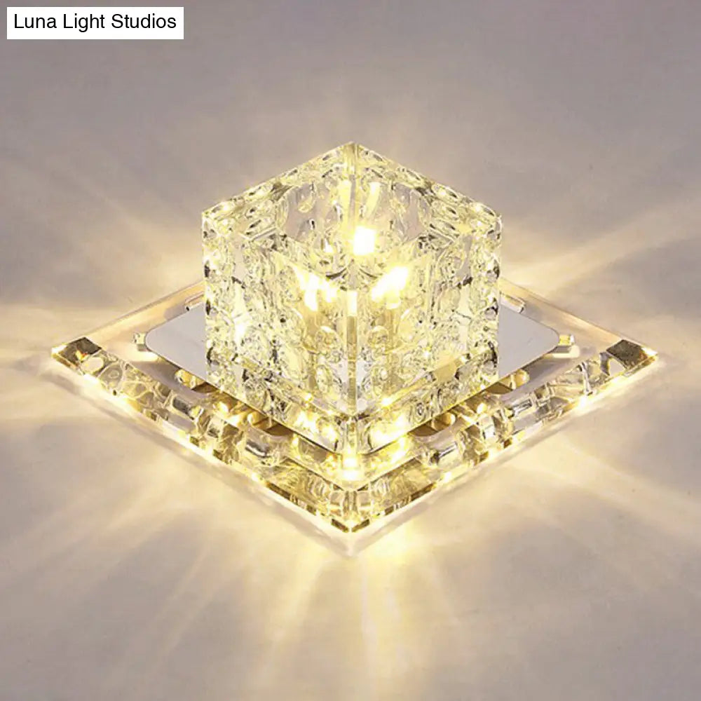 Modern Cubic Corridor Flushmount Led Ceiling Light With Clear Crystal / Warm