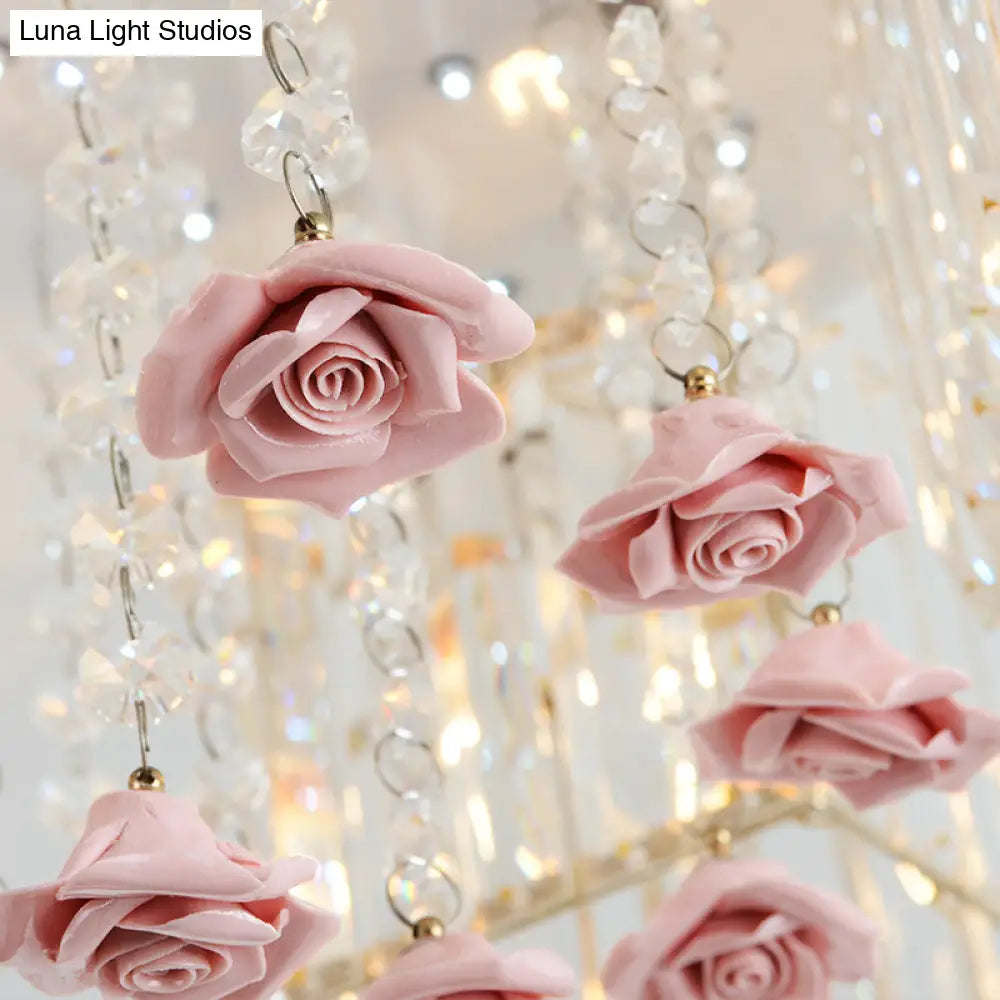 Modern Cubic Flush Mount Crystal Ceiling Light With Pink Rose Draping - 19.5/23.5 Dia 5/6 Heads