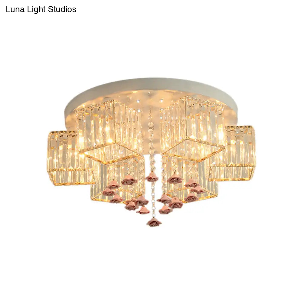 Modern Cubic Flush Mount Crystal Ceiling Light With Pink Rose Draping - 19.5/23.5 Dia 5/6 Heads