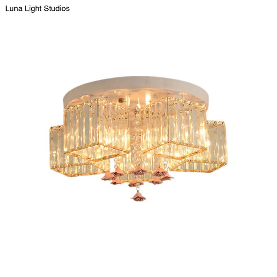 Modern Cubic Flush Mount Crystal Ceiling Light With Pink Rose Draping - 19.5/23.5 Dia 5/6 Heads