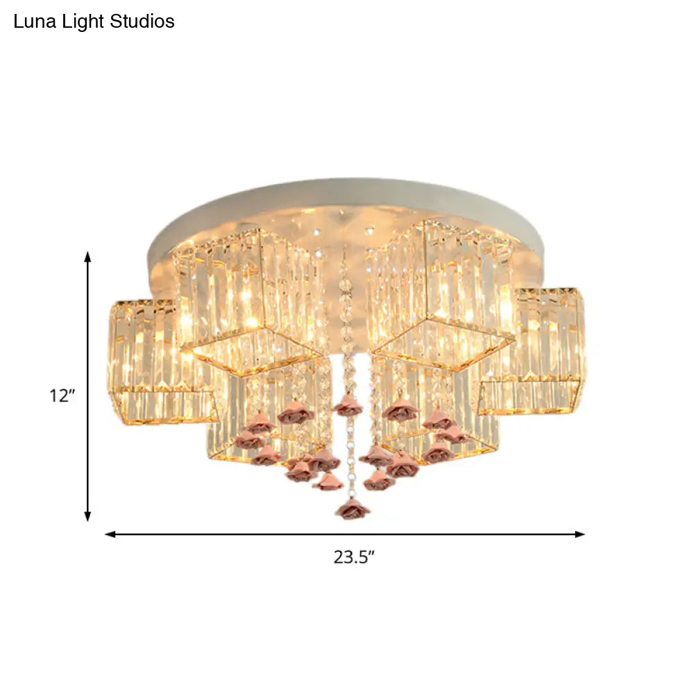 Modern Cubic Flush Mount Crystal Ceiling Light With Pink Rose Draping - 19.5’/23.5’ Dia 5/6