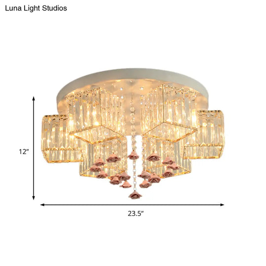 Modern Cubic Flush Mount Crystal Ceiling Light With Pink Rose Draping - 19.5’/23.5’ Dia 5/6