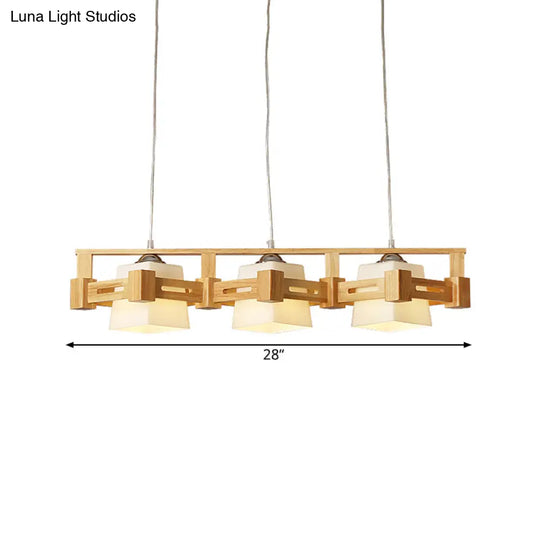 Modern Cubic Frosted Glass Island Pendant Lamp With Wood Cage And 3 Beige Bulbs