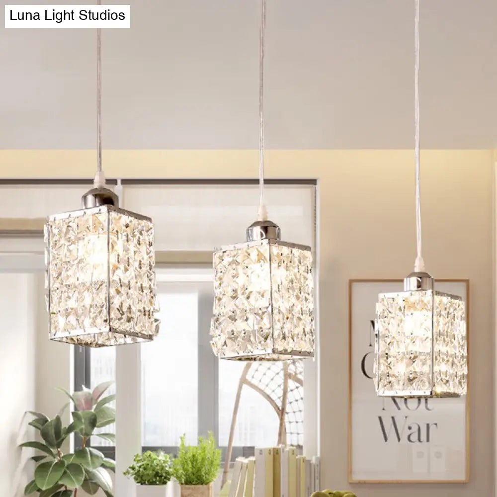 Modern Cuboid Crystal Pendant Light With 3 Chrome Heads - Kitchen Suspension Beveled Cut