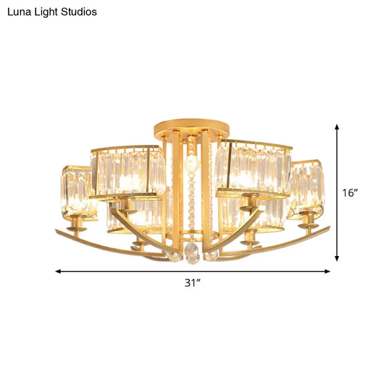 Modern Cuboid Semi Flush Chandelier With Clear Crystal 7 Heads Gold Ceiling Mounted Light