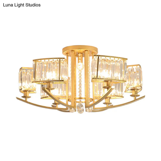 Modern Cuboid Semi Flush Chandelier With Clear Crystal 7 Heads Gold Ceiling Mounted Light