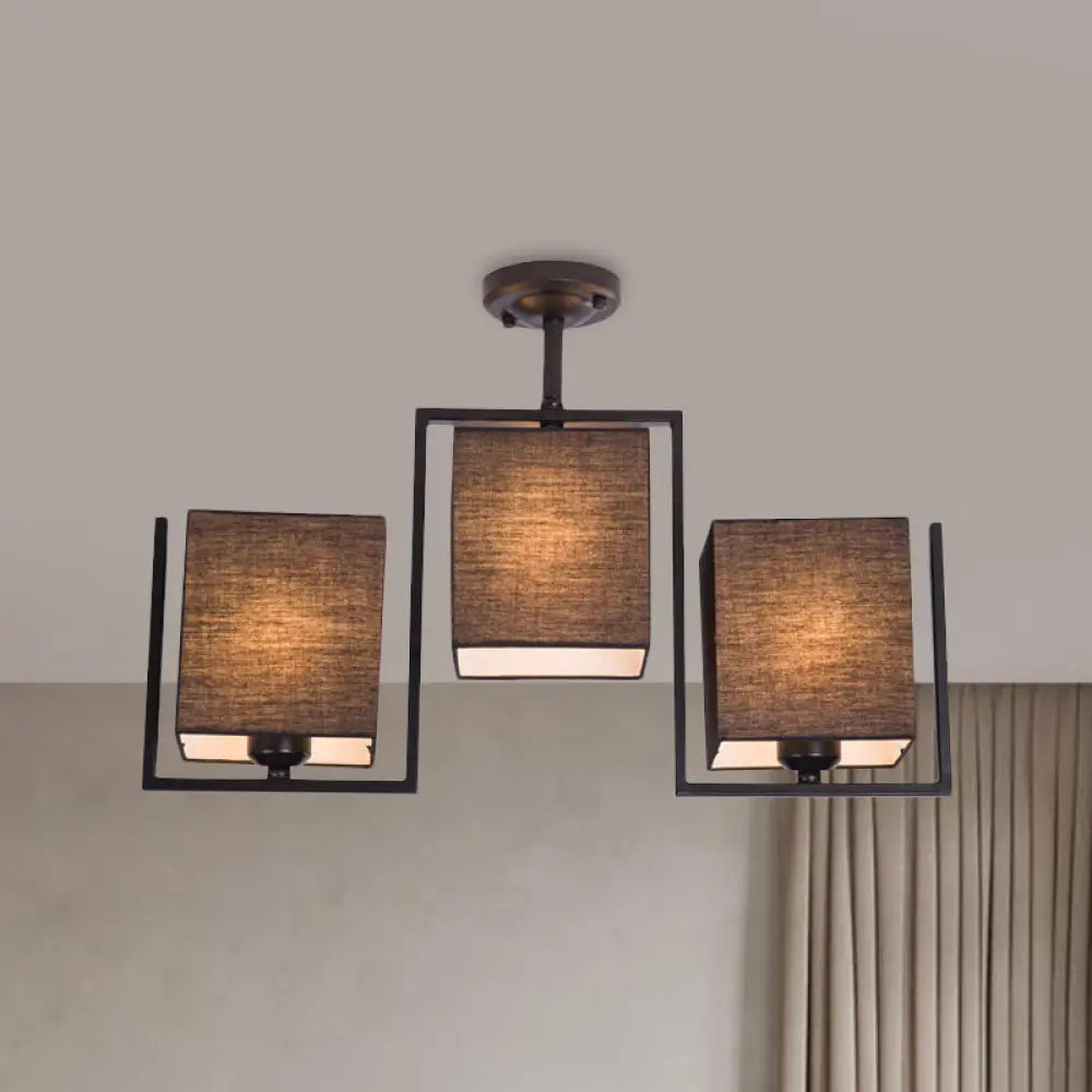 Modern Cuboid Semi Flush Mount With 3 Bulbs And Fabric Shade Black