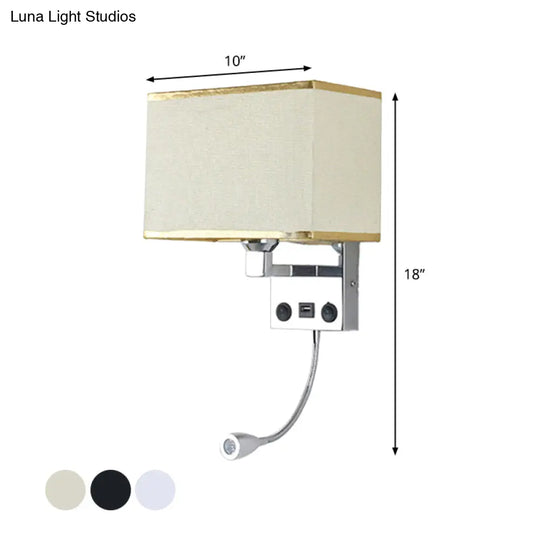 Modern Cuboid Wall Lamp With Usb Port Spotlight And Fabric Shade (Black/White/Flaxen)