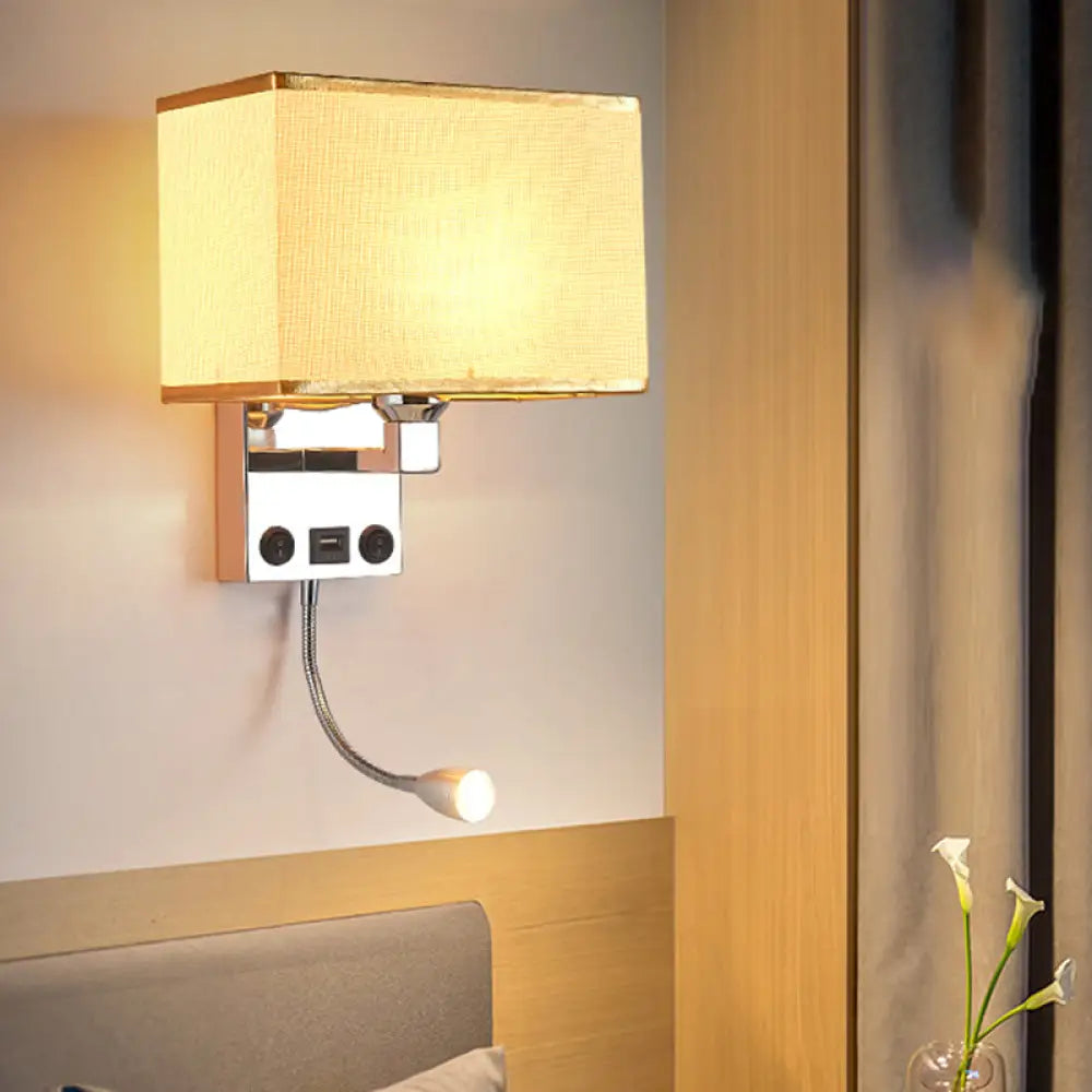 Modern Cuboid Wall Lamp With Usb Port Spotlight And Fabric Shade (Black/White/Flaxen) Flaxen