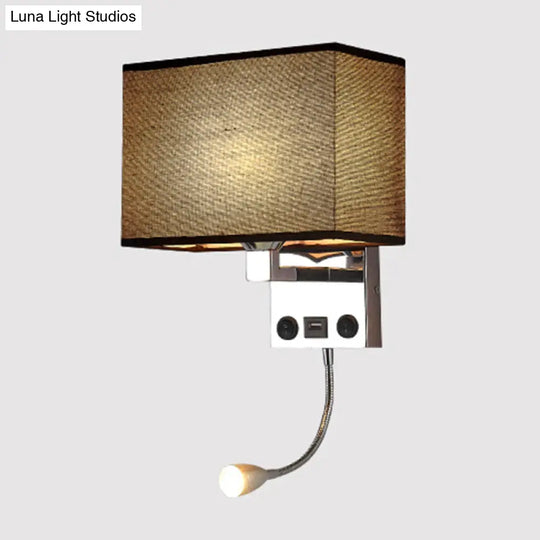 Modern Cuboid Wall Lamp With Usb Port Spotlight And Fabric Shade (Black/White/Flaxen)