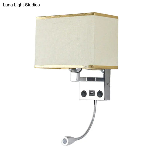 Modern Cuboid Wall Lamp With Usb Port Spotlight And Fabric Shade (Black/White/Flaxen)