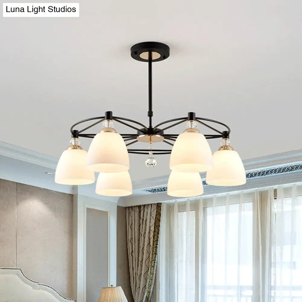 Contemporary Black Chandelier With Cream Glass And Crystal Droplets - 3/6 Lights For Living Room