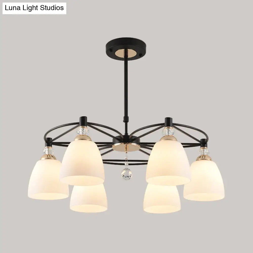 Contemporary Black Chandelier With Cream Glass And Crystal Droplets - 3/6 Lights For Living Room