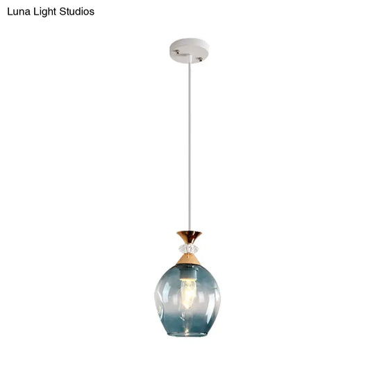 Sleek Cup-Shape Modern Pendant With Grey/Blue/Amber Dimpled Glass - 1 Light Hanging Fixture Blue