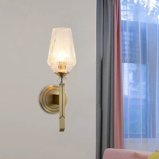 Modern Cup Shaped Sconce With Clear Ribbed Glass - Elegant 1-Head Bedside Wall Light Fixture Brass