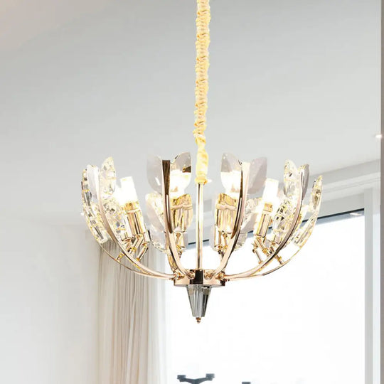 Modern Curved Arm Ceiling Light With Leaf Crystal 8/10 Heads Brushed Brass Finish / 18’