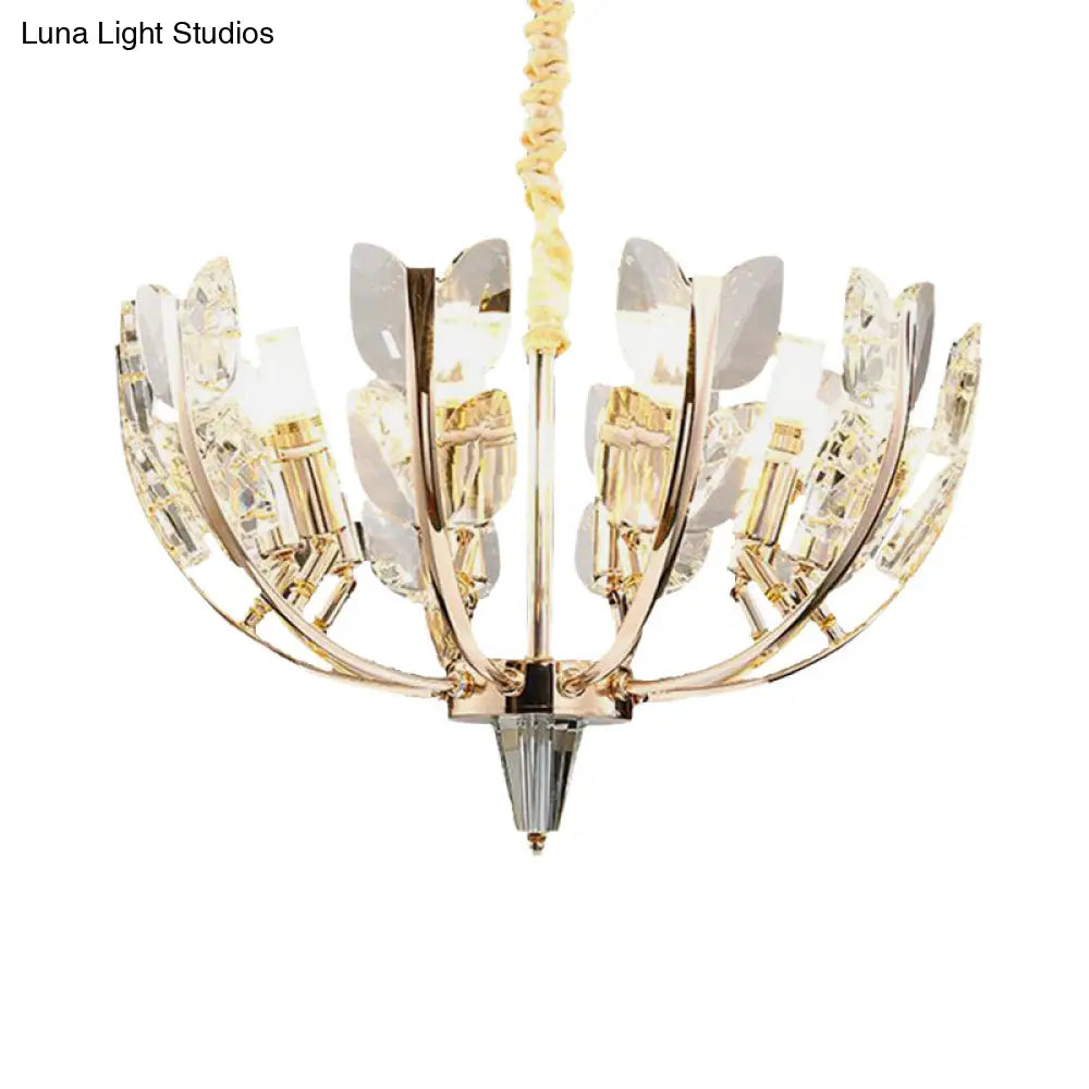 Modern Curved Arm Ceiling Light With Leaf Crystal 8/10 Heads Brushed Brass Finish