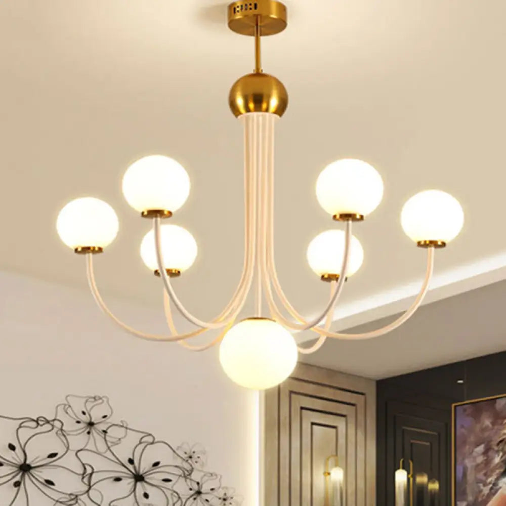 Modern Curved Arm Chandelier With Sputnik Design & White Glass - Led Hanging Light Fixture (5/7