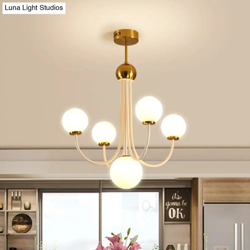 Modern Curved Arm Chandelier With Sputnik Design & White Glass - Led Hanging Light Fixture (5/7