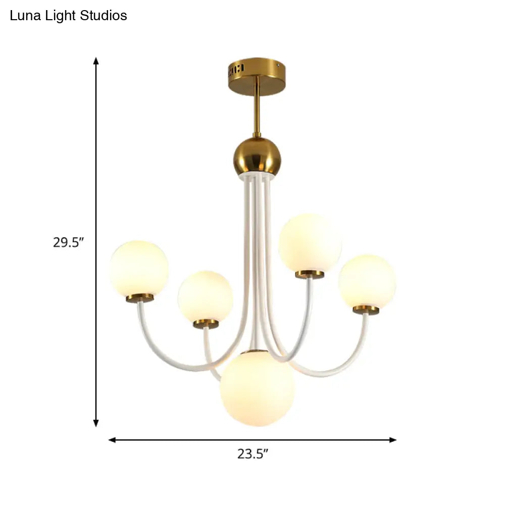 Modern Curved Arm Chandelier With Sputnik Design & White Glass - Led Hanging Light Fixture (5/7