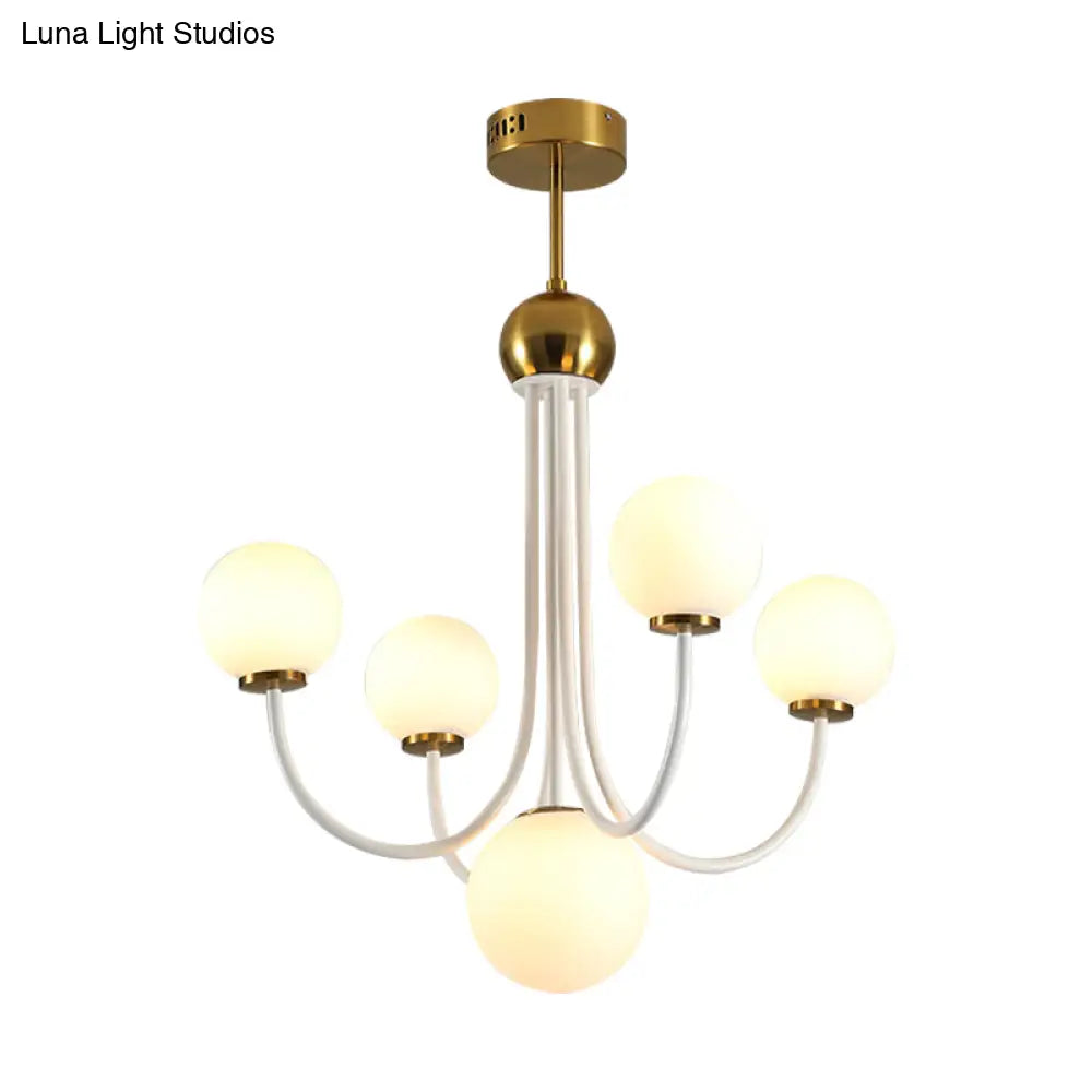 Modern Curved Arm Chandelier With Sputnik Design & White Glass - Led Hanging Light Fixture (5/7