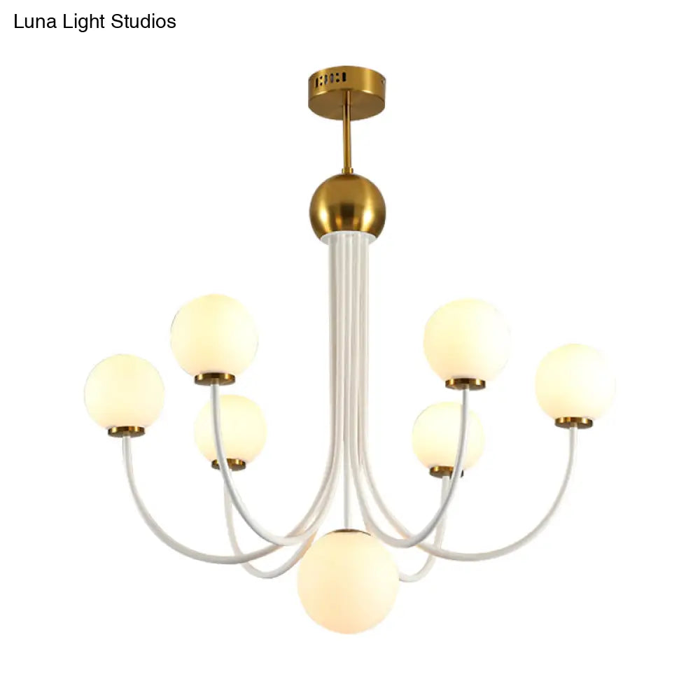 Modern Curved Arm Chandelier With Sputnik Design & White Glass - Led Hanging Light Fixture (5/7