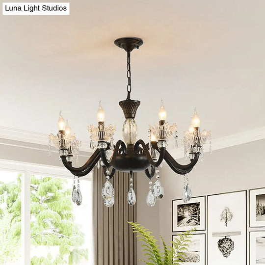 Modern Curved Arm Suspension Light - Black Metal Pendant Chandelier With Crystal Droplet (6/8-Light)