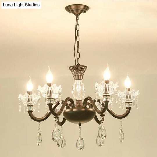 Modern Curved Arm Suspension Light - Black Metal Pendant Chandelier With Crystal Droplet (6/8-Light)