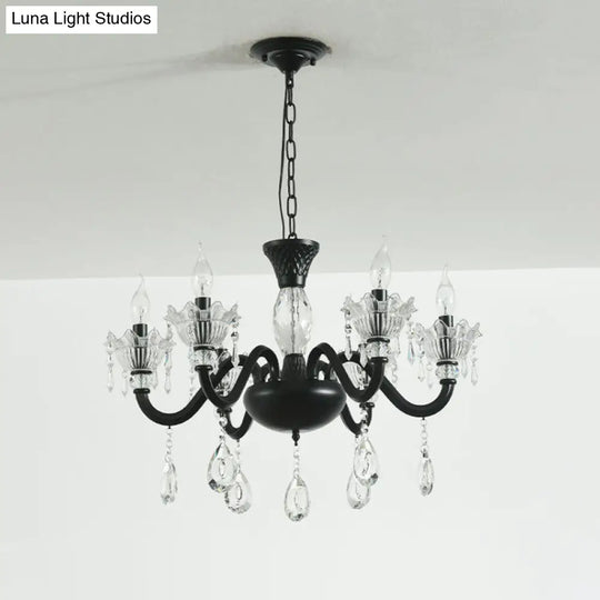 Modern Curved Arm Suspension Light - Black Metal Pendant Chandelier With Crystal Droplet (6/8-Light)