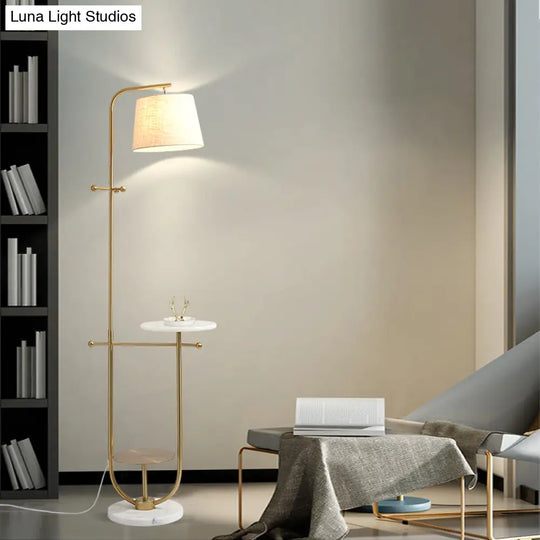 Modern Curved Arm Table Lamp With Gold Finish - Sleek Metal Design Fabric Shade