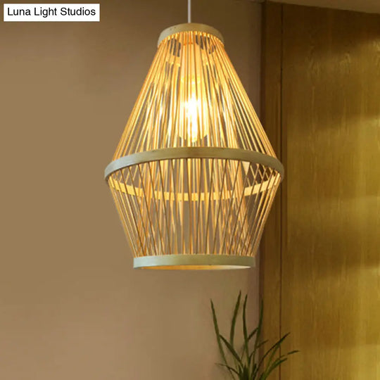 Modern Curved Bamboo Pendant Light Fixture For Dining Room - 1 Wood Hanging Lamp