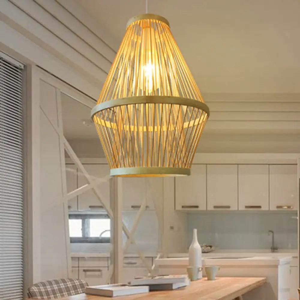 Modern Curved Bamboo Pendant Light Fixture For Dining Room - 1 Wood Hanging Lamp